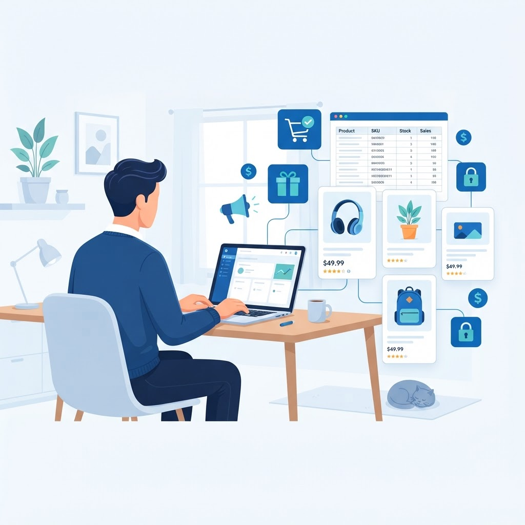 Práce s produktovými výpisy z domova — ilustrace pracovního prostoru s laptopem a e-commerce ikonami