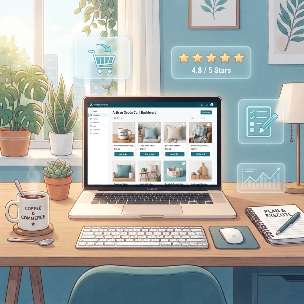 Domácí kancelář s laptopem a produktovými výpisy — ilustrace práce z domova